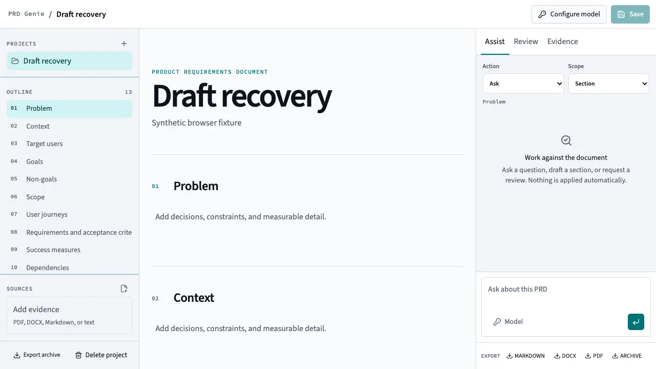 PRD Genie workbench: document outline on the left, the PRD in the middle, and an Assist panel on the right that says nothing is applied automatically.