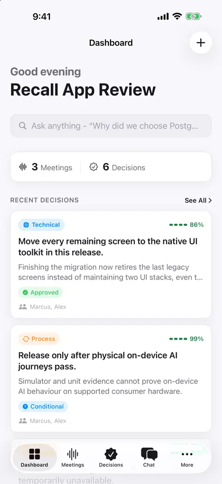 RECALL dashboard: recent decisions from a meeting, each with a type, a confidence score, approval status and participants